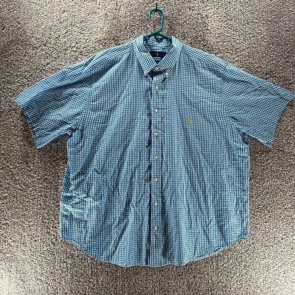 Ralph Lauren Shirt Adult 2XB Blue White Check Cotton Button Up Yellow Pony Logo - Picture 1 of 13